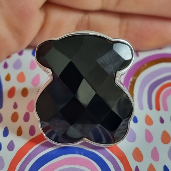 Tous Big Faceted Silver Onyx Bear Ring Size 8 - Picture 11 of 14